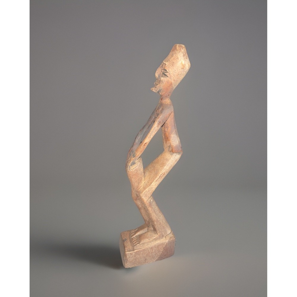 Vintage Hand Carved African‎ Tribal Wood Figurine Man with Drum 6-7 inches tall